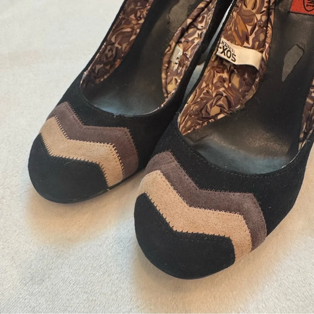 MISSONI Heels, Chevron Black and Brown Suede Leather Heels